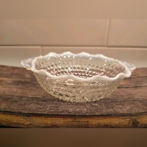 Vintage Anchor Hocking Clear Hobnail Glass Bowl With Opalescent Ruffled Edge